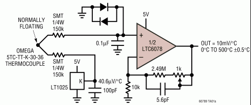 Схема нормализатора сигнала термопары на микросхеме LTC6078